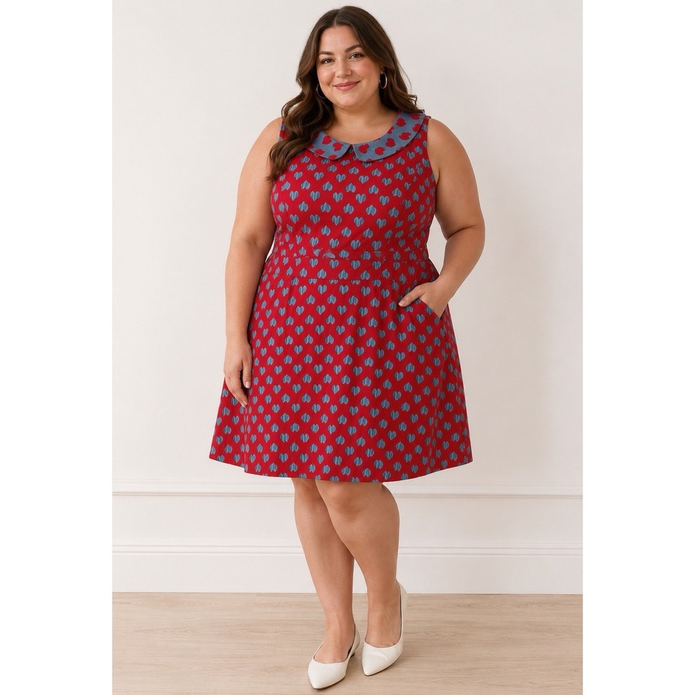 Vintage-Inspired Sweet Red Heart Print Peter Pan Collar Dress Midi Size 1XL